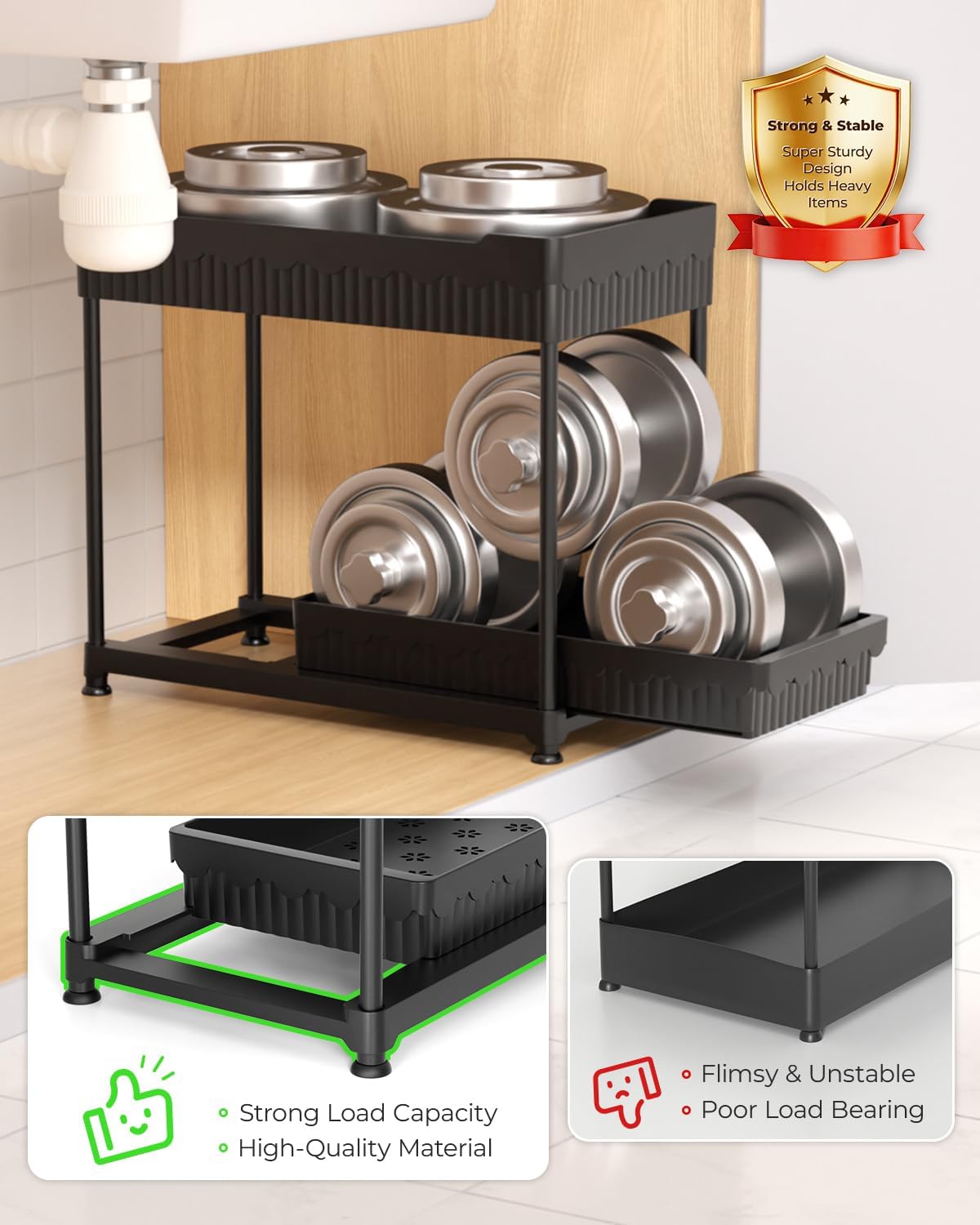 Sevenblue Under Sink Organizer 3 Pack, Bathroom Organizers, 2 Tier Multi-Use kitchen Organizers and Storage with Sliding Drawer, Hang Hooks and Cups, (Black)