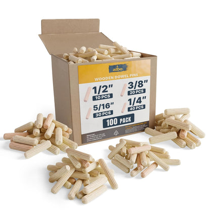 ALBO Wooden Dowel Pins 100 Pack Assorted Sizes 1/2 + 3/8 + 5/16 + 1/4 inch Fluted Wood Dowels Rods Hardwood Crafts Dowel Pegs