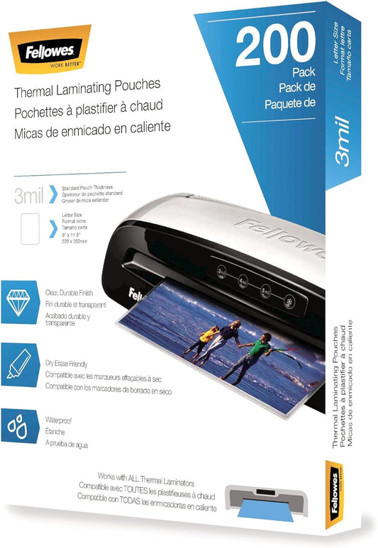 Fellowes Thermal Laminating Pouches, Letter Size Sheets 9 x 11.5-Inches, 3 mil, 200 Pack (5743401), Clear