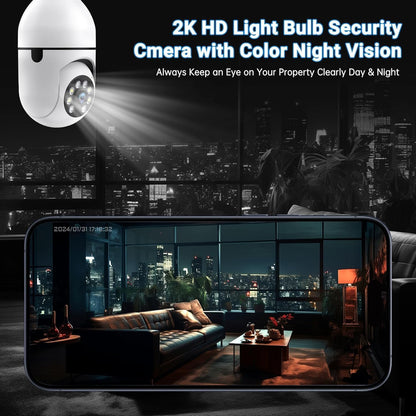 Light Bulb Security Camera Wireless Outdoor, 5G & 2.4GHz 2K 360 Degree Outdoor Camera Wireless Motion Detection and Alarm,Two-Way Talk,Color Night Vision, Bulb Camera Surveillance Exterieur, 2Pack