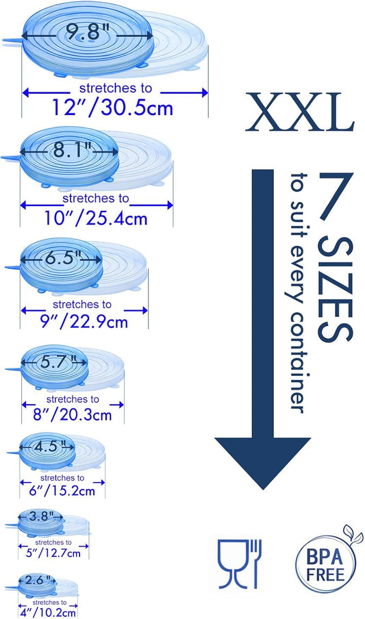 Longzon Silicone Stretch Lids 14 Pack Include 2Pcs Size up to 9.8'' Diameter,Reusable Durable Food Storage Covers for Bowl,7 Different Sizes to Meet 2.6"-9.8''Dia Containers,Dishwasher & Freezer Safe