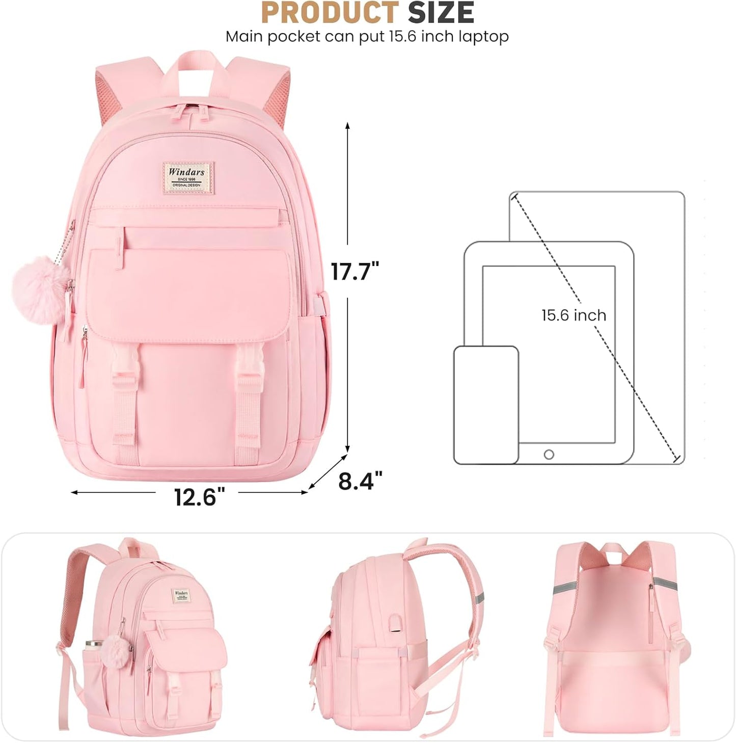 WINDARS School Backpack for Teen Girls, Cute College Backpacks for Women Students Aesthetic Bookbag Large 15.6 Inch Laptop Bag Middle School Travel Back Pack (Khaki Beige)