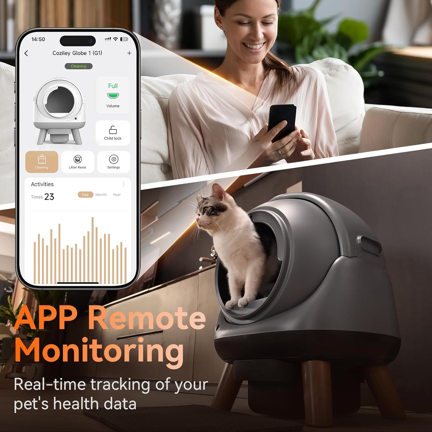 Coziley G1 Self Cleaning Litter Box, Automatic Cat Litter Box, Self-Cleaning Robot with Smart APP Control and Health Monitoring, Includes 2 Roll Trash Bag and Litter Mat