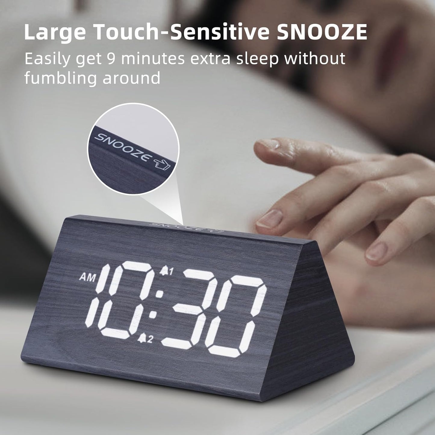 Odokee Wooden Digital Alarm Clock for Bedroom: Electric Desk Clock with Large LED Display - Brown