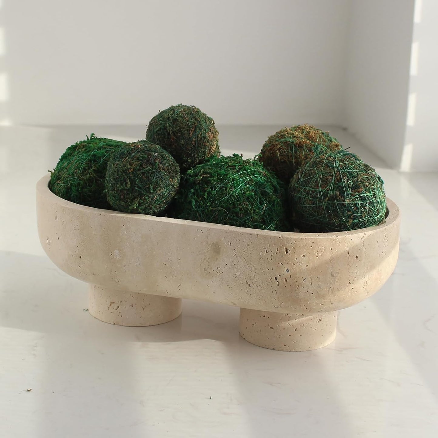 Oval Travertine Fruit Bowl | Decorative Stone Bowl | Kitchen Counter Fruit Holder | Pedestal Centerpiece Bowl | Home Décor Storage Bowl - PuriLite