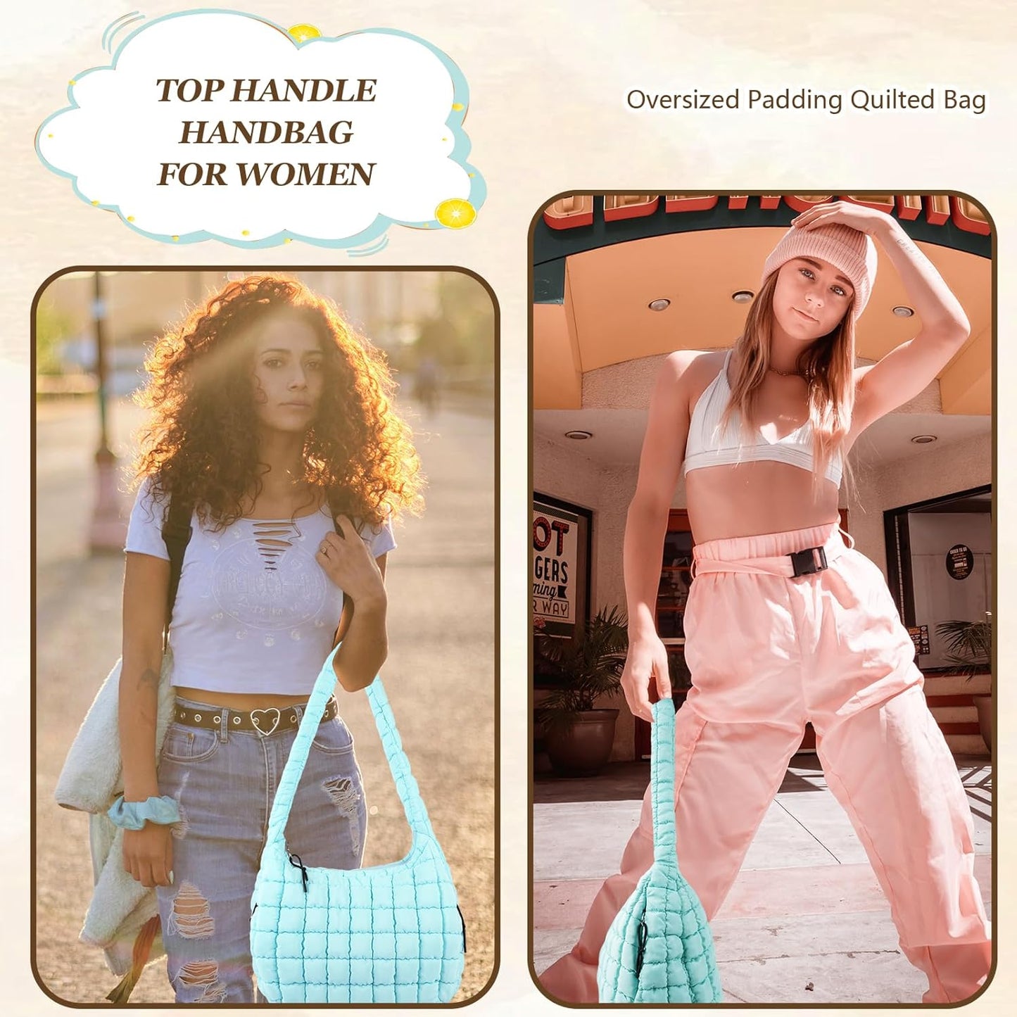 Quilted Puffer Tote Bag Large Crossbody Shoulder Bag with Zipper, Nylon Hobo Oversized Handbag