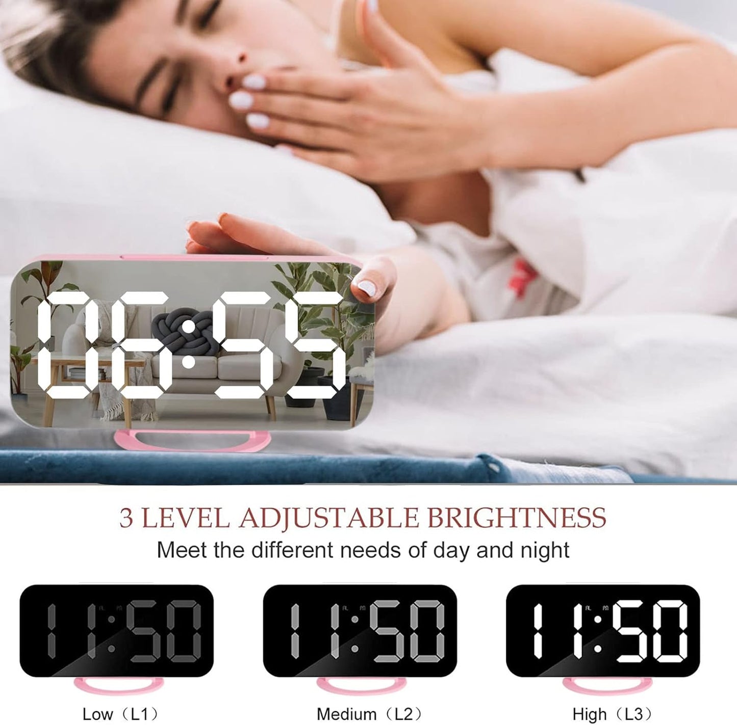 Digital Alarm Clock,Large LED Mirror Display, 2 USB Charging Ports，Auto Dim Mode，Modern Design Clock for Bedroom Office, White