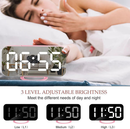 Digital Alarm Clock,Large LED Mirror Display, 2 USB Charging Ports，Auto Dim Mode，Modern Design Clock for Bedroom Office, White