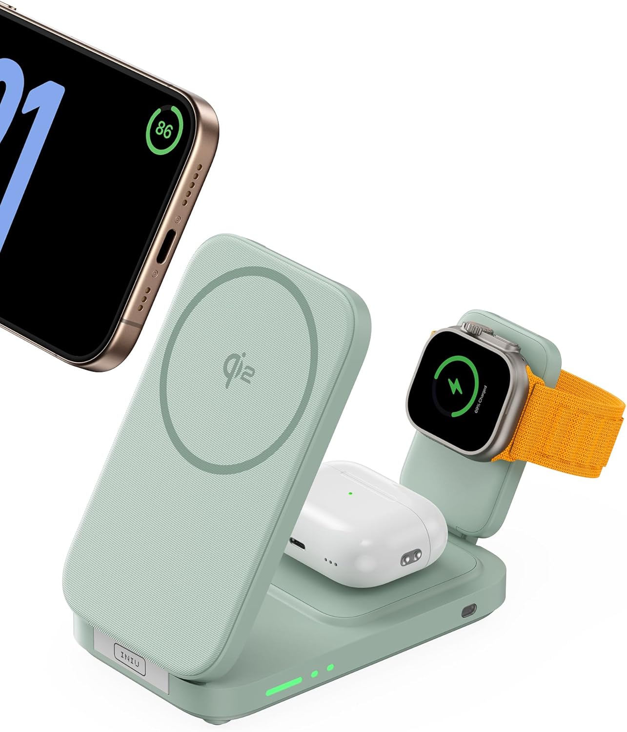 INIU 3 in 1 Wireless Charging Station, Qi2 Certified 15W Travel Charger for Apple Multiple Devices, Foldable Charger Stand for iPhone 16 15 14 13 12 Series Apple Watch AirPods (with Adapter)