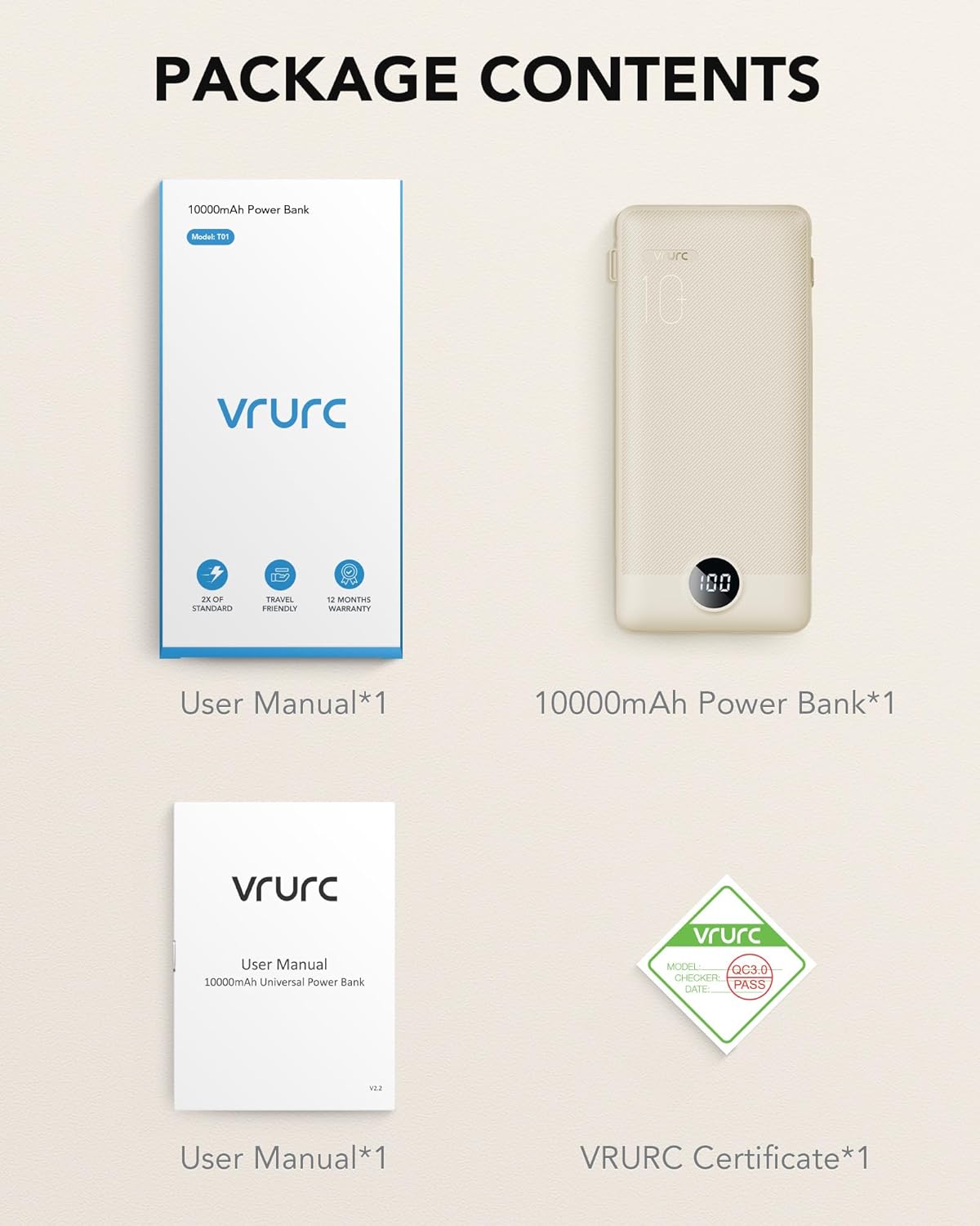 Power Bank Built-in Cables, VRURC 10000mAh Portable Charger USB C, Lightweight Charging Bank Built-in AC Plug, Replacement Battery Compatible with All Kinds of Cellphones, Tablet etc-Blue