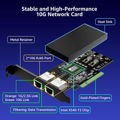 10G PCI-E Network Card with 10Gbps Dual RJ45 Ports, Intel X540-T2 Conrtoller, VIMIN 10Gb Ethernet Adapter Card Compatible with PCI Express X8, X16, Support Windows/Windows Server/Linux/VMware