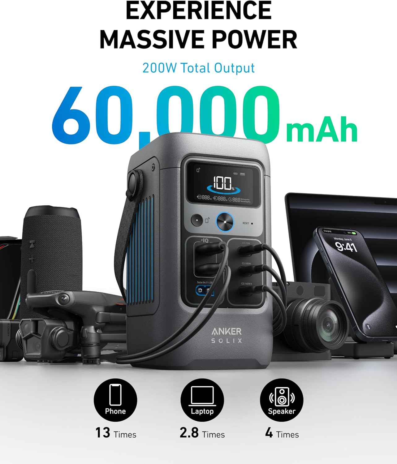 Anker SOLIX Power Bank Station C200 DC with Adjustable Strap, 192Wh LiFePO4 Portable Power Station, 200W Solar Generator, for Outdoor Camping, Traveling, and Emergencies (No Wall Charger Included)