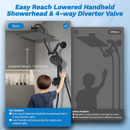 Hibbent Upgraded All Metal 10"Rainfall Showerhead Combo, High Pressure Shower Head with 10-Spray Mode Handheld, Innovative 4-way Diverter with Pause Mode, 71'' Shower Hose and Handheld Holder, Chrome
