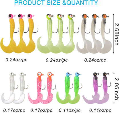 Soft Lures Fishing Jigs Kit, Worm Grub Fishing Lures Jig Head Hooks Kit Grubs Bait Jig Heads Soft Plastic Bait Crappie Jigs Tubes Baits Curved Tail Lure Fishing Lures Kit for Walleye Bass Trout