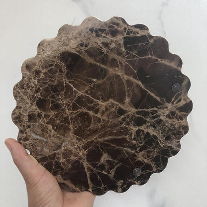 SAIDKOCC Marble Tray Round Scalloped Tray Small Serving Platter for Counter, Bathroom, Kitchen, Nightstand, Jewelry Ring Dish Holder (Coffee Net)