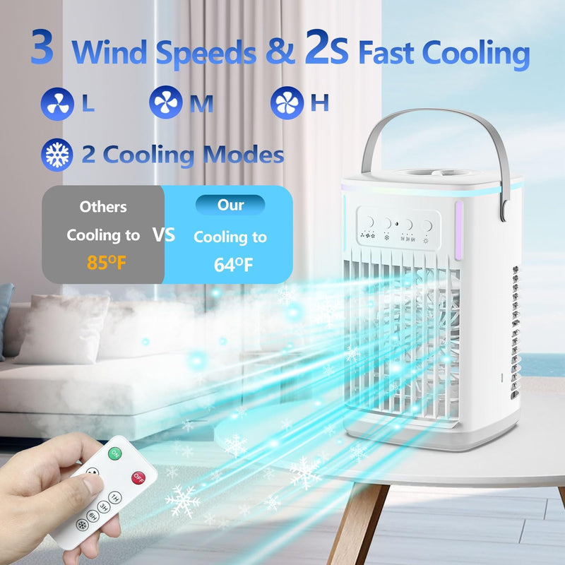 Portable Air Conditioners Fan with Remote, 4-in-1 Portable AC with 1500ml Water Tank, 3 Wind Speeds, 6H Timer, 2 Cool Mist, 7 Lights, Personal Mini Air Conditioner for Room Bedroom Office (Black)