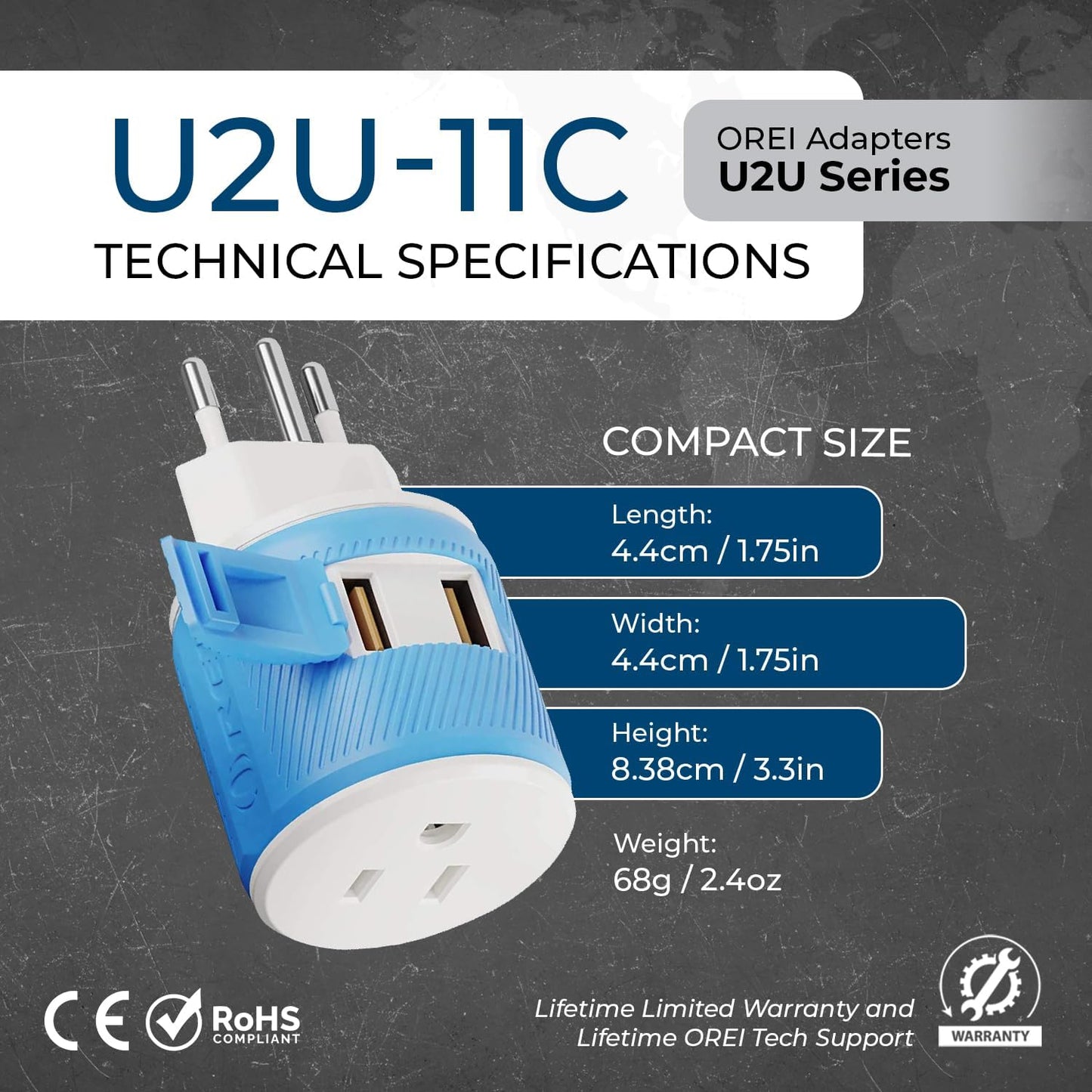 OREI South Africa, Botswana, Namibia Travel Plug Adapter with Dual USB - USA Input - Type M (U2U-10L), Will work with Cell Phones, Camera, Laptop, Tablets, iPad, iPhone