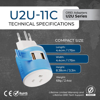 OREI South Africa, Botswana, Namibia Travel Plug Adapter with Dual USB - USA Input - Type M (U2U-10L), Will work with Cell Phones, Camera, Laptop, Tablets, iPad, iPhone