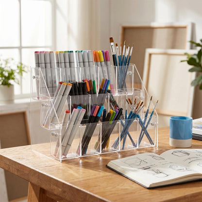 Luxshiny Acrylic Pen Holder Pencil Organizer with 3-tier Right Angle Design, Marker Storage Rack for Desk Stationery Display, Plastic Pen Container Suitable for Office and School Supplies