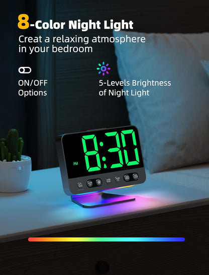 Odokee Digital Alarm Clocks for Bedrooms: Large Bold Number 5 Brightness Dimmer - Easy to Read Across The Room - 5 Alarm Sound 8 Night Light - Silver