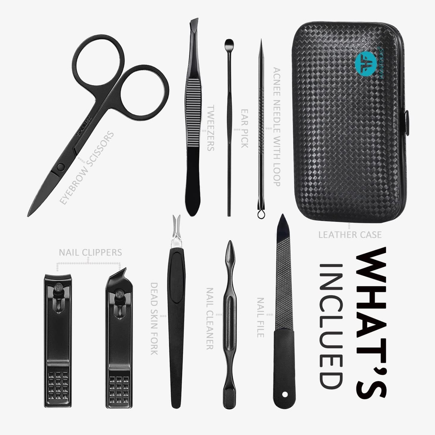 Manicure Set 9 in 1 Stainless Steel, Nail Clippers Scissors Pedicure Tools Kit - Portable Travel Grooming Kit for Men and Women with Black/Red Leather Case (Blue)