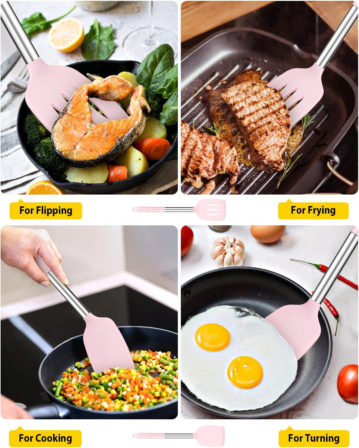 Pack of 2 Silicone Slotted Spatula,Non Stick Solid Kitchen Turner, High Heat Resistant BPA Free Cooking Utensils for Fish, Eggs, Pancakes（Black