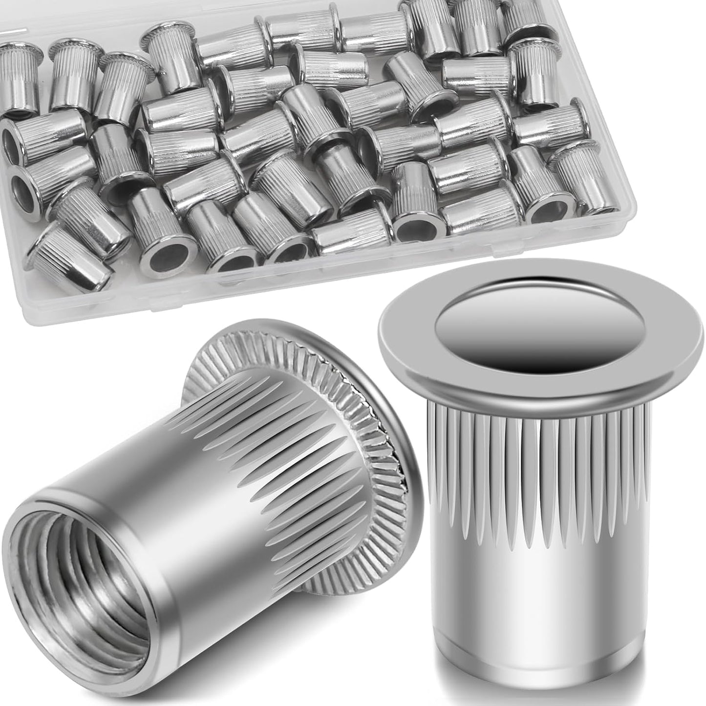 Vifmy Metric & SAE Rivet Nut Assortment Kit(420 Pcs),m3 m4 m5 m6 m8 m10 m12#6-32#8-32#10-24 1/4"-20 5/16"-18 3/8"-16 UNC Flat Head Rivnut Set,Zinc Plated Finish Carbon Steel Nutsert
