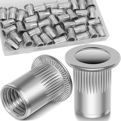 Vifmy Metric & SAE Rivet Nut Assortment Kit(420 Pcs),m3 m4 m5 m6 m8 m10 m12#6-32#8-32#10-24 1/4"-20 5/16"-18 3/8"-16 UNC Flat Head Rivnut Set,Zinc Plated Finish Carbon Steel Nutsert