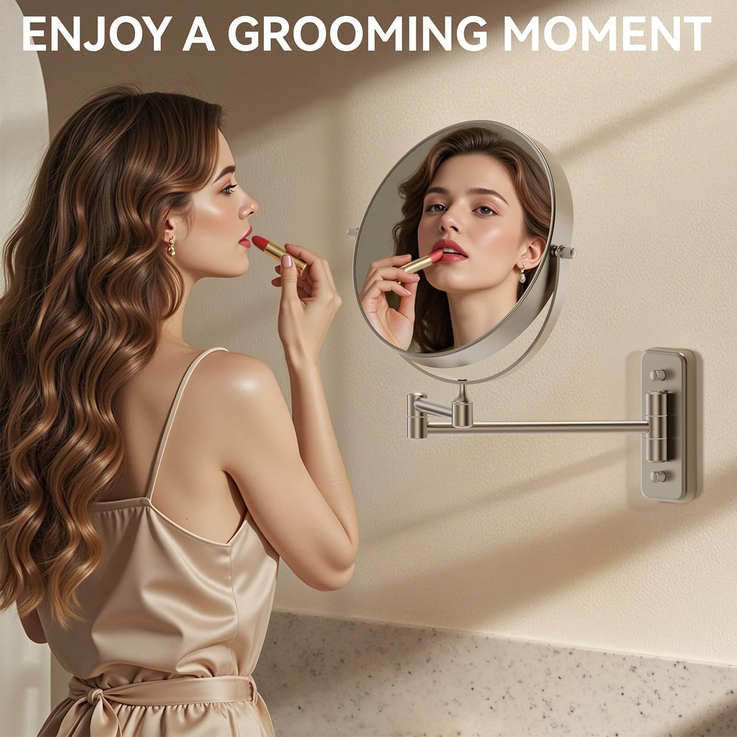 Auxmir Miroir de maquillage mural 30X/1X, miroir grossissant double face de 20,3 cm avec pince à épiler, miroir de maquillage de salle de bain, miroir cosmétique avec bras extensible pivotant à 360°, nickel