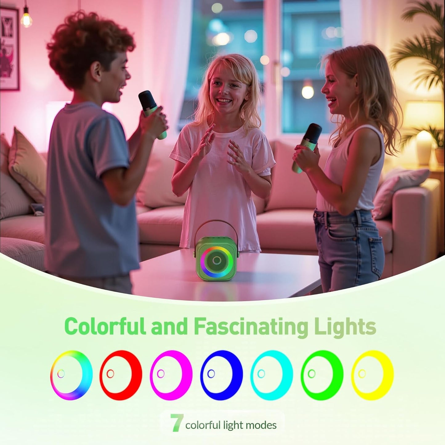 Mini Karaoke Machine：Portable Bluetooth Karaoke Microphone Singing Speaker with 2 Wireless Mic and Light Kids Adults,Christmas Birthday Gifts for Girls Boys Family Home Party(Green)