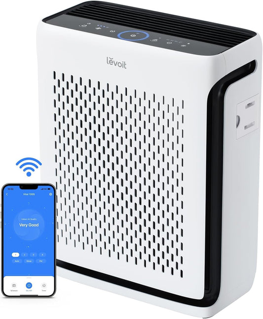 LEVOIT Air Purifiers with Washable Filters for Large Room Bedroom Home, Smart WiFi Air Quality Monitor, HEPA Sleep Mode and Auto Mode, Removes Pet Hairs, Allergies, Pollen, Smoke, Dust, Vital100S