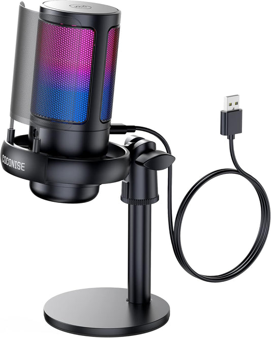Gaming USB Microphone with RGB Lights, Cardioid Condenser Mic for Streaming, Podcasting, Video Production, PC, PS4/PS5 – Includes Tripod, Pop Filter, Shock Mount, Quick Mute, and Volume Control