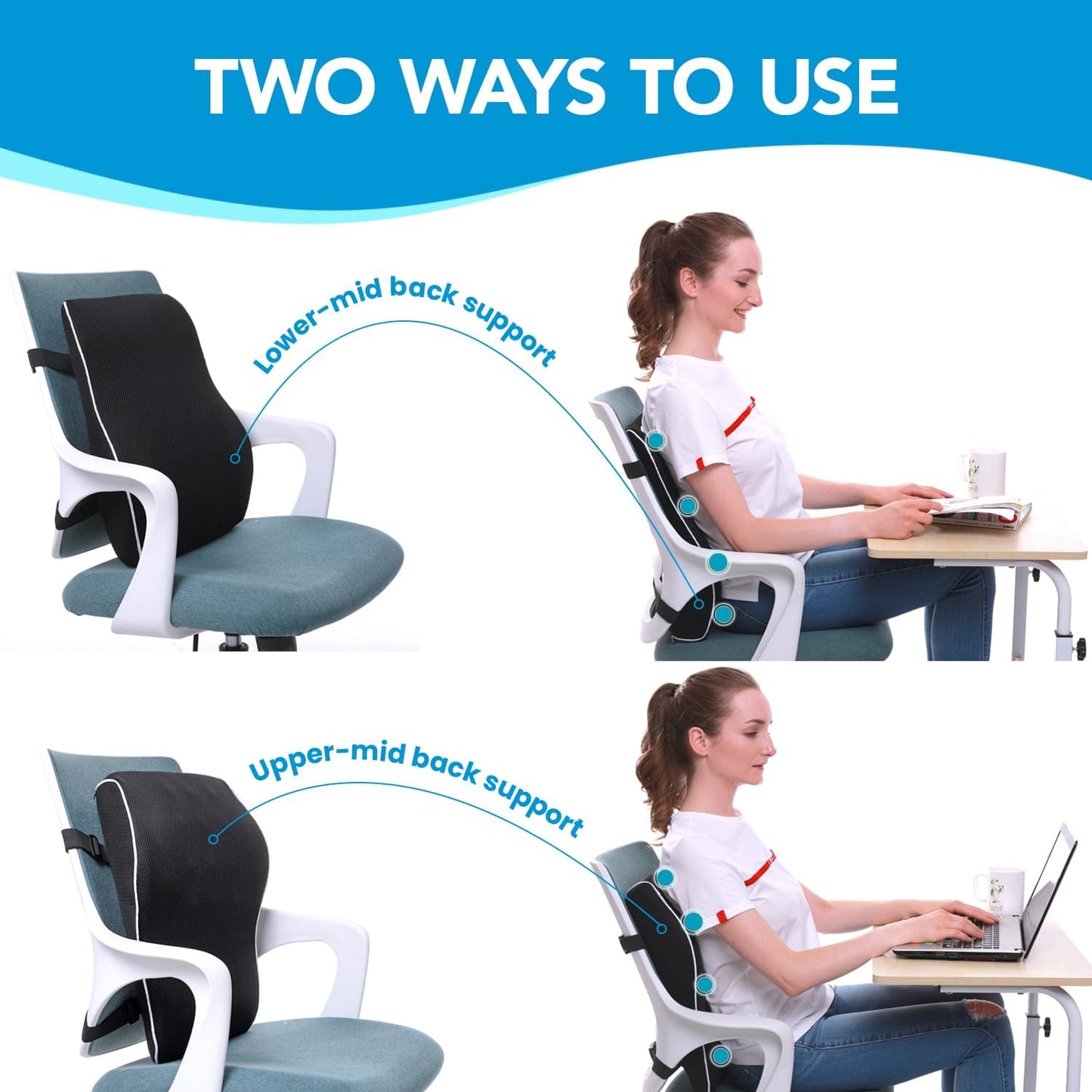 Lumbar Support Pillow for Office Chair Car Memory Foam Back Cushion Back Pain Relief Improve Posture Large Back Pillow for Computer, Gaming Chair, Recliner with Mesh Cover Double Adjustable Straps