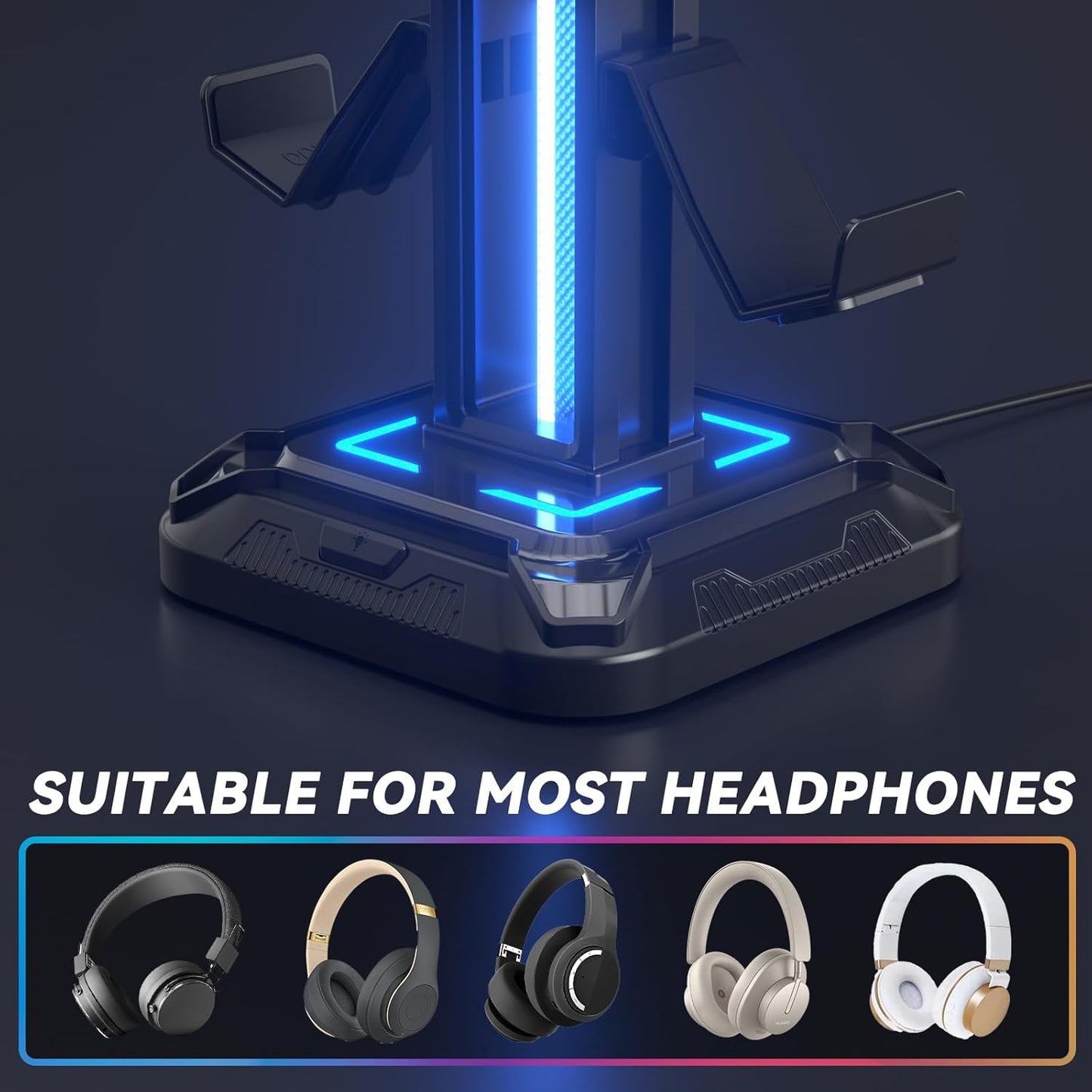 KDD RGB Headset Stand with 9 Light Modes – Rotating Headphone Holder with Detachable Controller Hooks - PuriLite