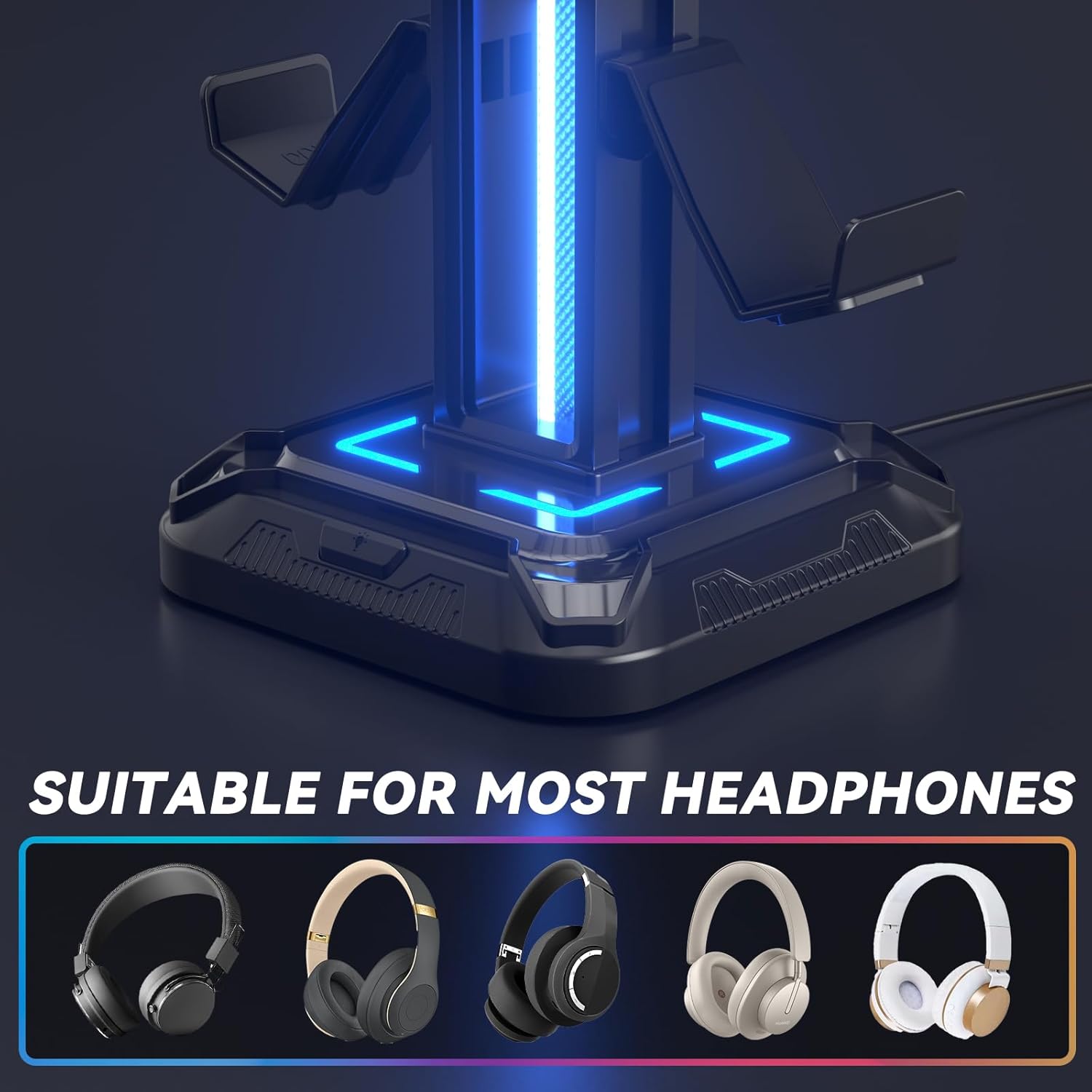 KDD RGB Headset Stand with 9 Light Modes – Rotating Headphone Holder with Detachable Controller Hooks - PuriLite