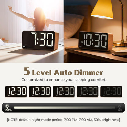 Wood Grain Digital Alarm Clock with Dual Alarms, Large Display, USB Charging Port, Auto Dimming, 9-Minute Snooze, 12/24H Format, Power-Off Memory for Bedroom - PuriLite