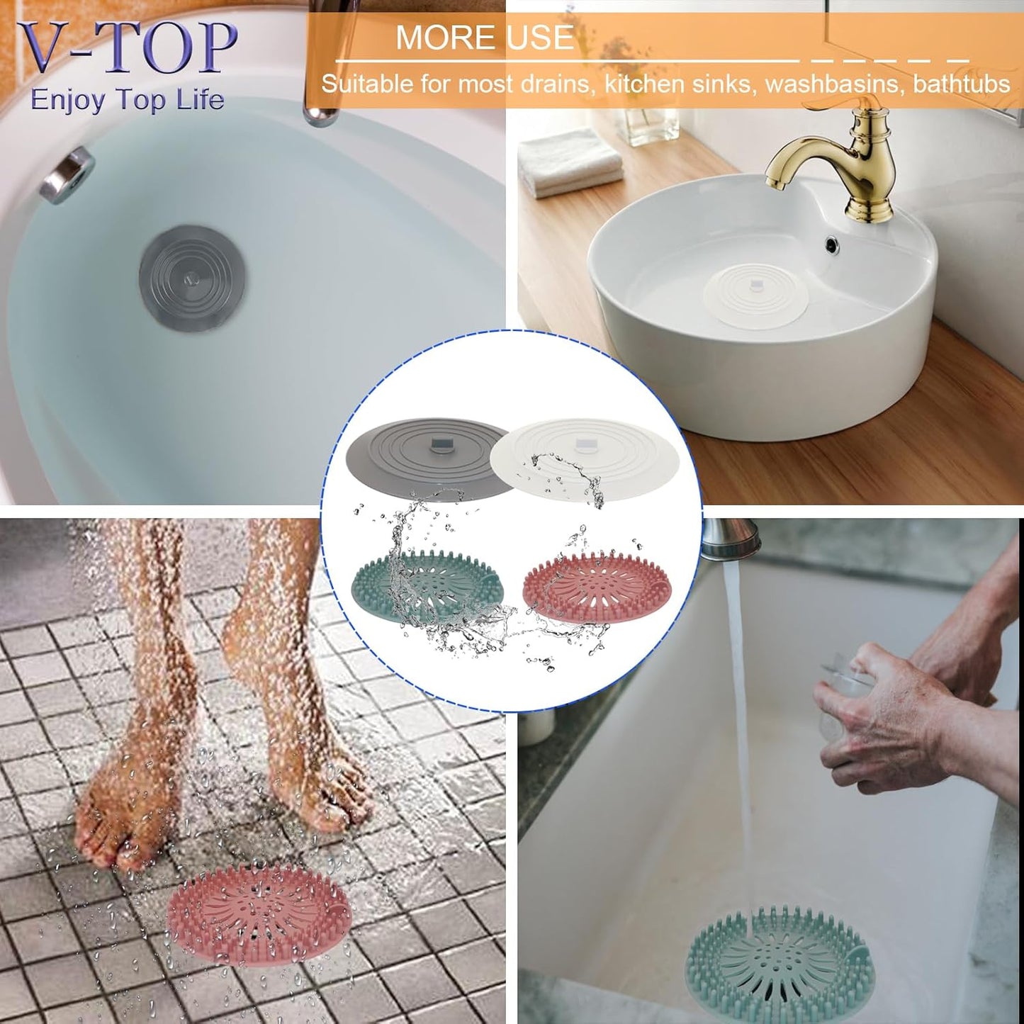 V-TOP Tub Stopper 2 Pack, 6 inches Large Silicone Drain Plug Hair Stopper Flat Suction Cover for Kitchen Bathroom Accessories and Laundry