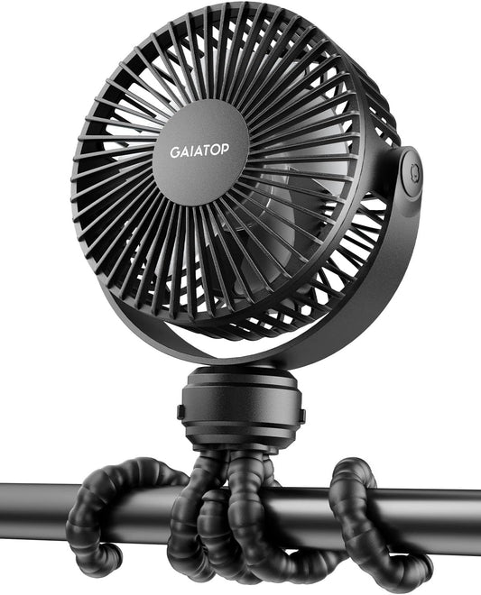 Gaiatop Mini Portable Pram Fan, Rechargeable Small Clip on Fan for Stroller, Detachable 3 Speed 360 Degree Rotate Flexible Tripod Handheld Desk Cooling Car Seat Crib Treadmill Travel Black