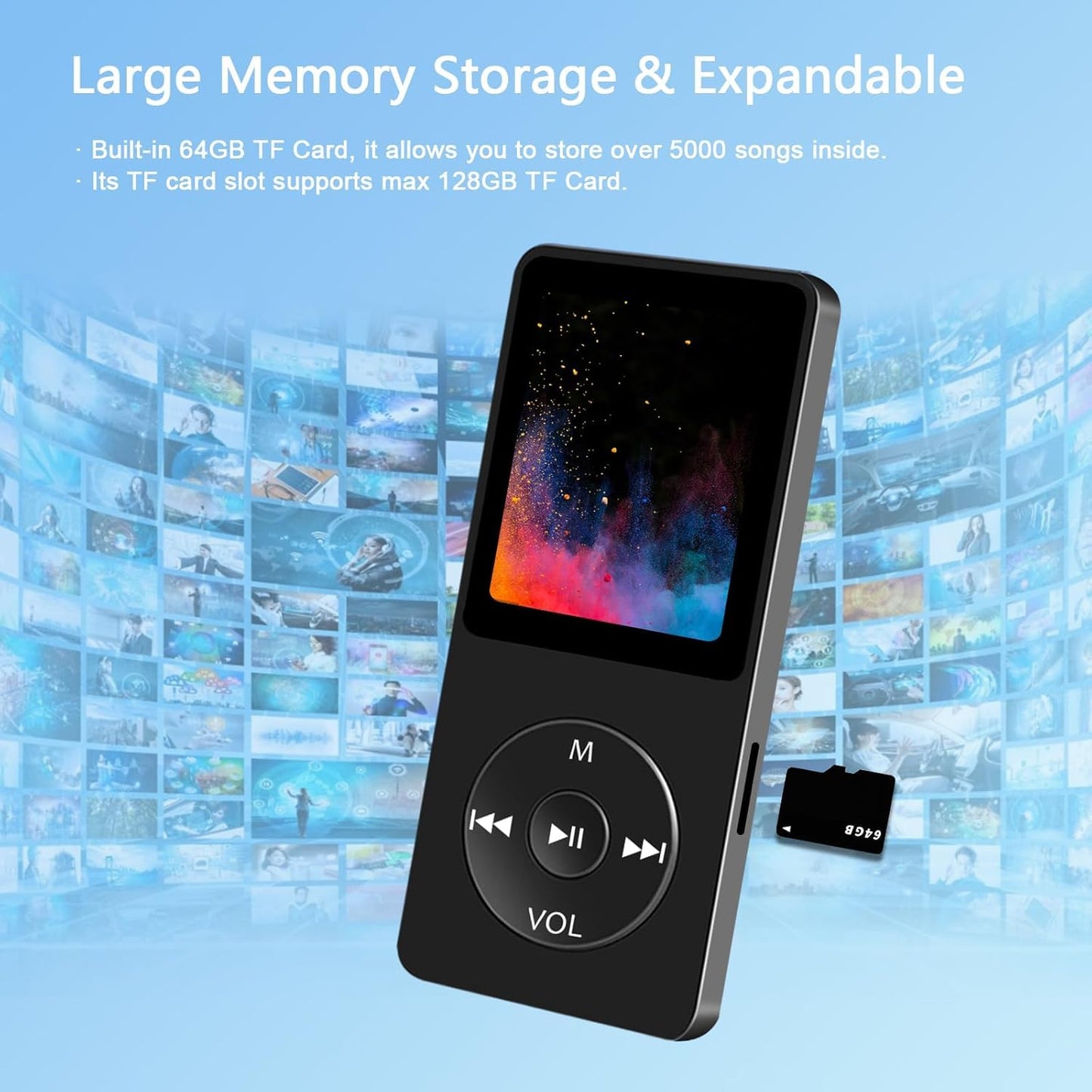 64GB MP3 Player with Bluetooth, SKYBESS HiFi Lossless MP3 Music Players with HD Speaker, FM Radio, Video, Voice Recorder, Alarm Clock Function, Including Earphones, Supports Random Playback