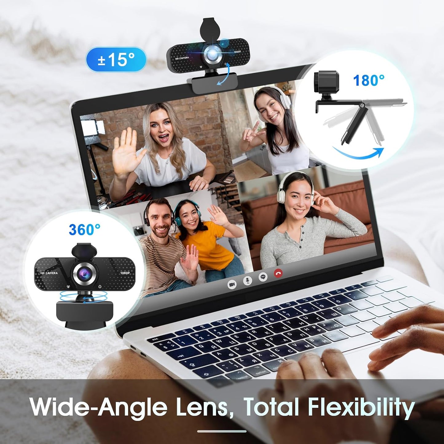 1080P Full HD Webcam with Auto Light Correction, Noise-Canceling Mic, Privacy Cover and Wide Angle Lens, Plug & Play USB Camera for Desktop/Laptop/Mac/PC, Compatible with Teams/Zoom/Skype/Streaming