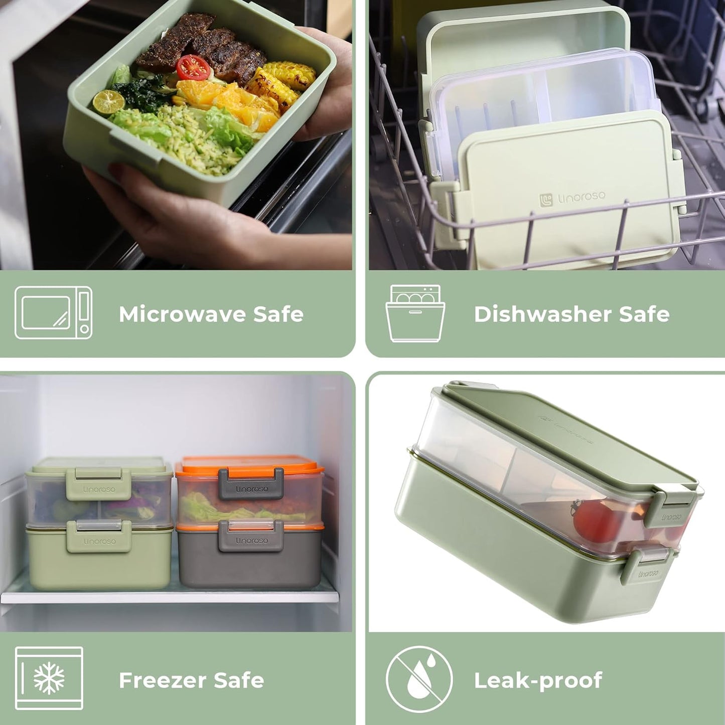 Linoroso Stackable Bento Box Adult Lunch Box | Meet All You On-The-Go Needs for Food, Salad and Snack Box, Premium Bento Lunch Box for Adults Include Utensil Set, Dressing Containers - Pale Mint