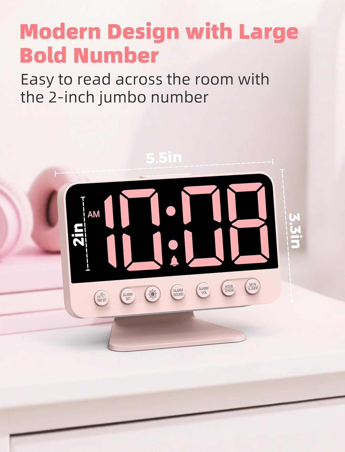 Odokee Digital Alarm Clocks for Bedrooms: Large Bold Number 5 Brightness Dimmer - Easy to Read Across The Room - 5 Alarm Sound 8 Night Light - Silver