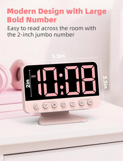Odokee Digital Alarm Clocks for Bedrooms: Large Bold Number 5 Brightness Dimmer - Easy to Read Across The Room - 5 Alarm Sound 8 Night Light - Silver