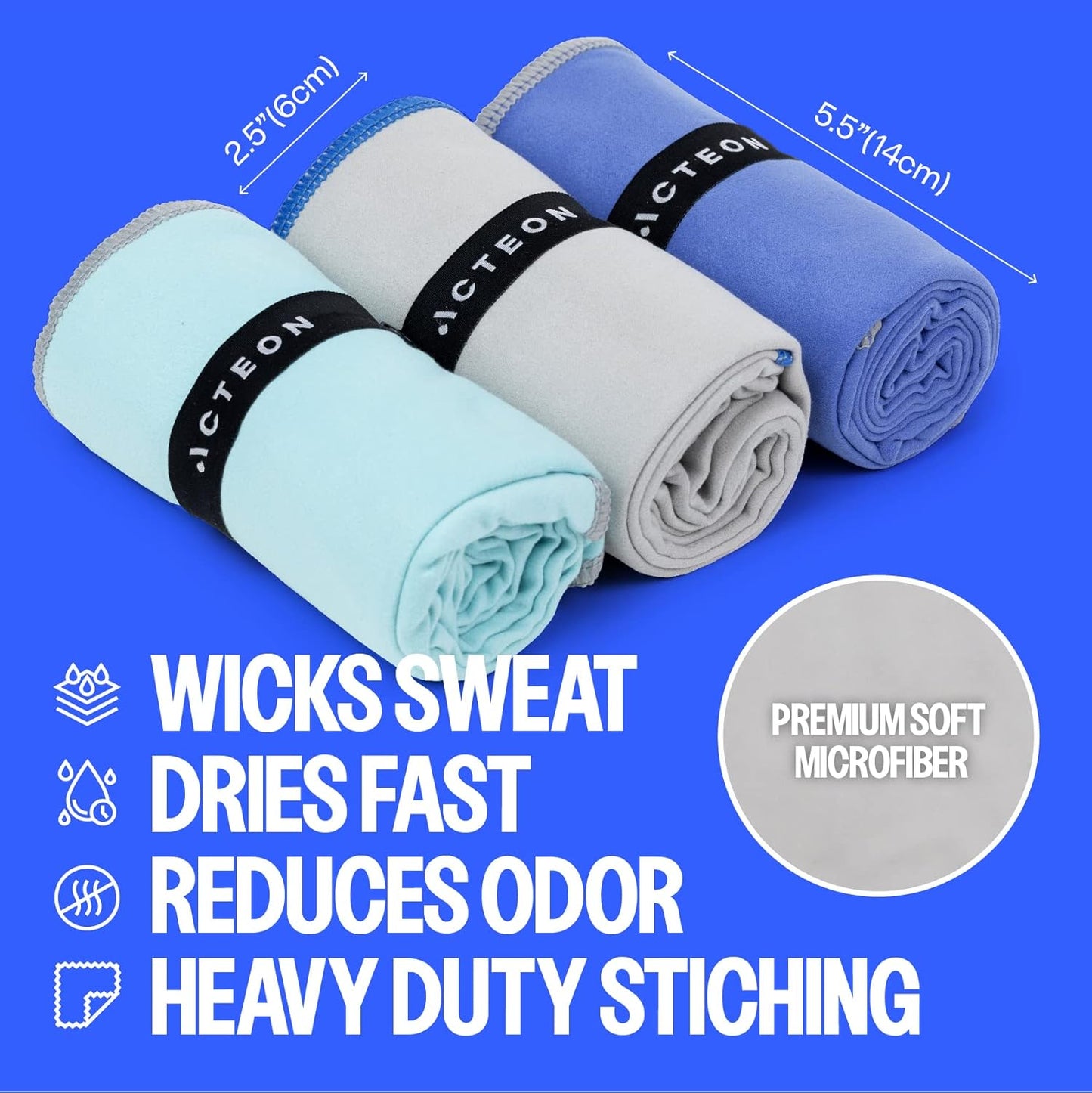 Acteon Microfiber Quick Dry Gym Towel, Silver ION Odor-Free Mega Absorbent Fiber Fast Drying Men Women Workout Gear for Body Sweat, Beach, Camping, Working Out Travel Towels