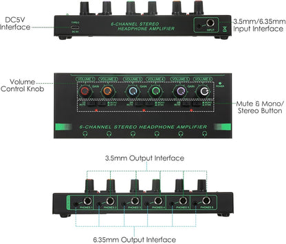 Headphone Amplifier, Headphone Amp 6 Channel Metal Stereo Audio Amplifier Splitter Mini Earphone Splitter