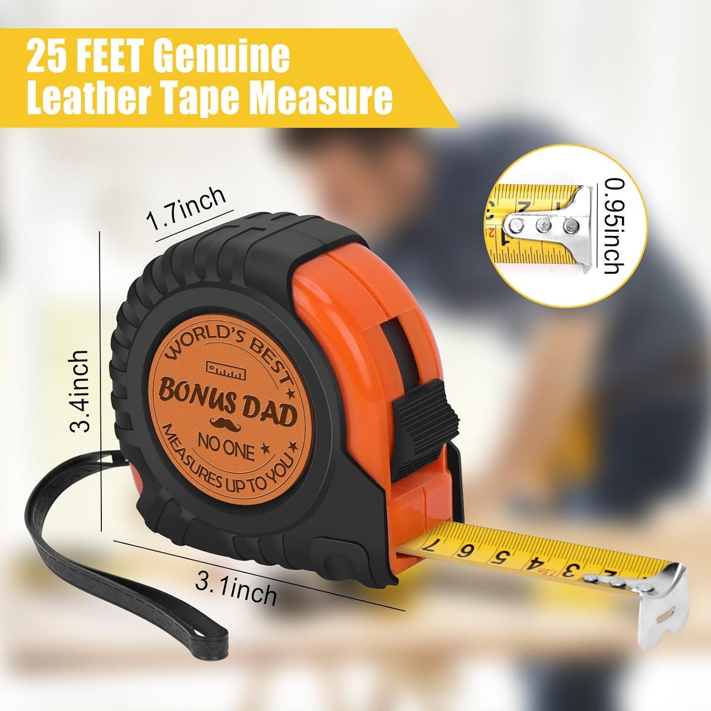Genuine Leather Engraved 25 FT Tape Measure – Bonus Dad & Step Dad Gift – Stocking Stuffer Tool for Men with “No One Measures Up to You” Message