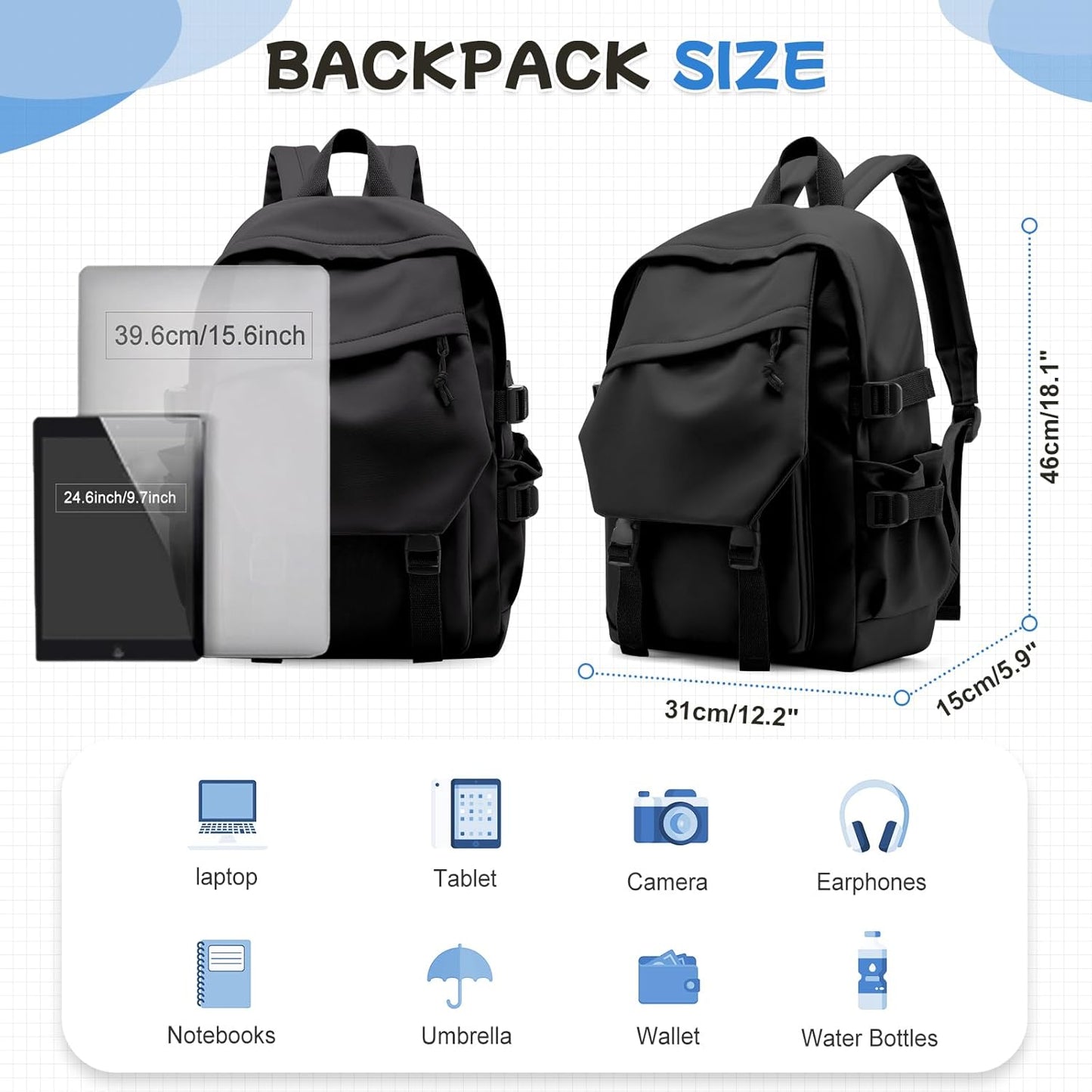 School Backpack for Women Men College High School Bags for Boys Girls Casual Daypack Laptop Backpack Waterproof Black Bookbag Travel Rucksack