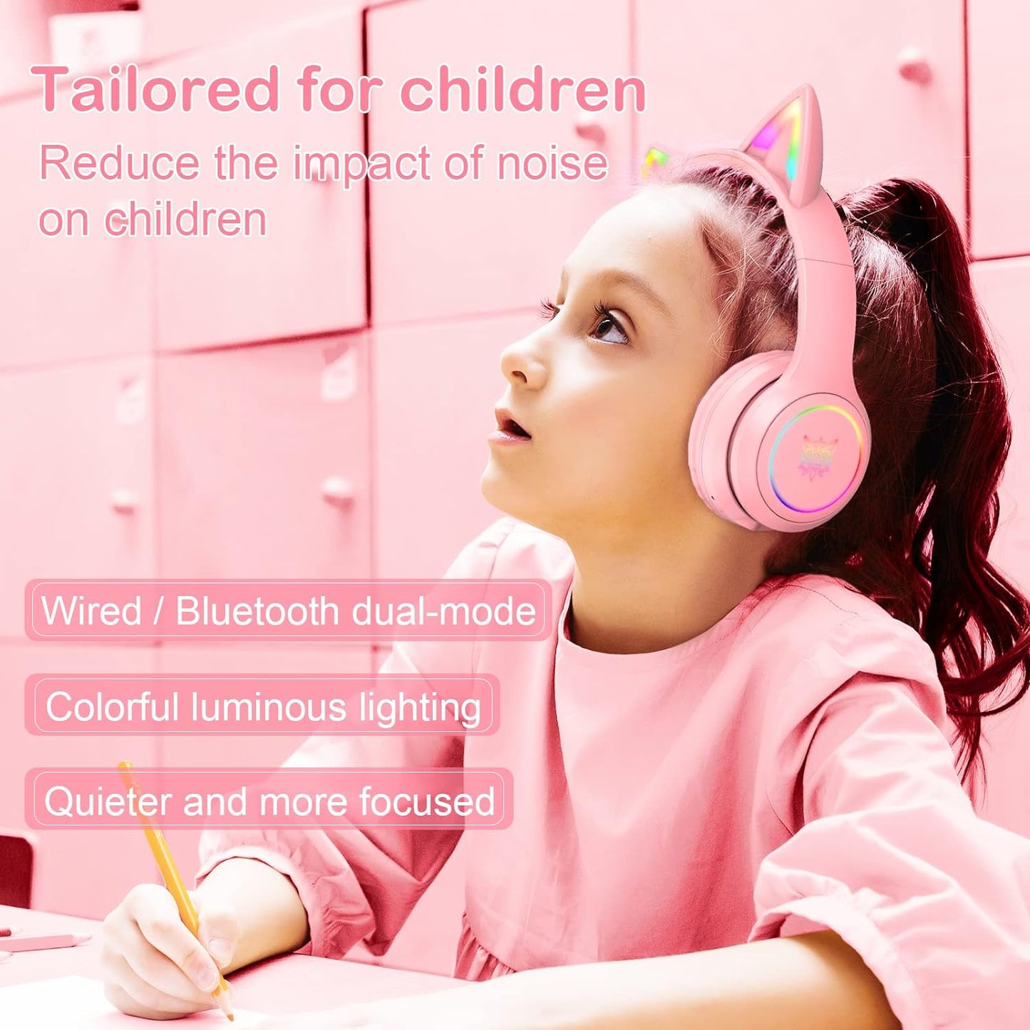 Bluetooth Cat Ear Headphones for Kids & Adults, Wireless Wired Dual Channel, SIMGAL Foldable Over-ear Headsets with RGB Lights, Control Volume & Built-in Mic, For Cell Phones/PC/Tablet/Laptop (A Pink)
