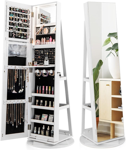 CHARMAID 360° Swivel Jewelry Armoire with Full Length Mirror, Rear Storage Shelves, Lockable Standing Jewelry Cabinet Organizer with Interior Vanity Mirror and 3-Color Lights (White)