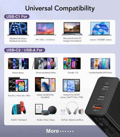 USB C Charger, 65W GaN+ PD Fast Wall Charger Block with 6.56ft USB C to C Cable, USB C Charger for MacBook Pro/Air, iPhone 16/15/14/13, iPad Pro, Dell XPS, Steam Deck, Galaxy S24/S23, Pixel 8/7